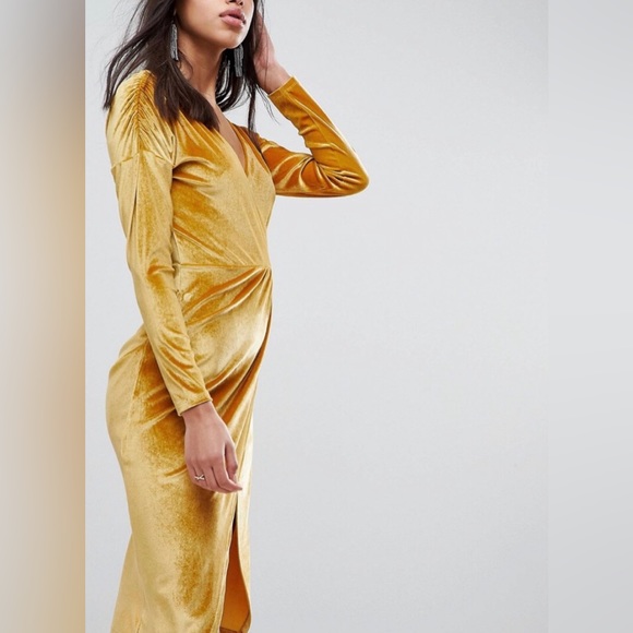 ASOS Gold Velvet Midi Wrap Dress; Size 8. NWT. - Picture 3 of 12